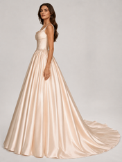 Elegant Beaded Cowl Neck Satin A-Line Wedding Dress with Chapel Train