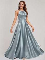 Dusty Blue Satin A Line Halter Neck Sleeveless Floor Length Bridesmaid Dress
