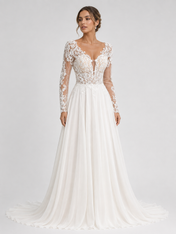Elegant Long Sleeve V-Neck Illusion Lace Chiffon A-Line Wedding Dress with Chapel Train