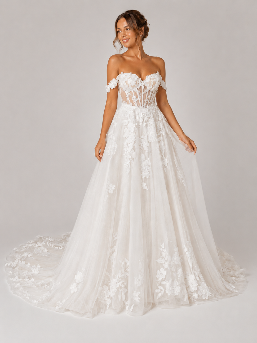 Elegant Off-the-Shoulder Lace Appliquéd Tulle A-Line Wedding Dress with Chapel Train