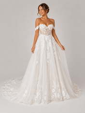Elegant Off-the-Shoulder Lace Appliquéd Tulle A-Line Wedding Dress with Chapel Train