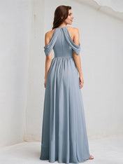 Dusty Blue A-Line High Neck Floor-Length Chiffon Bridesmaid Dress