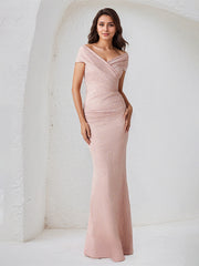 Pink V-Neck Short Sleeves Floor Length Sheath Stretch Crepe Mother Of The Bride Dress