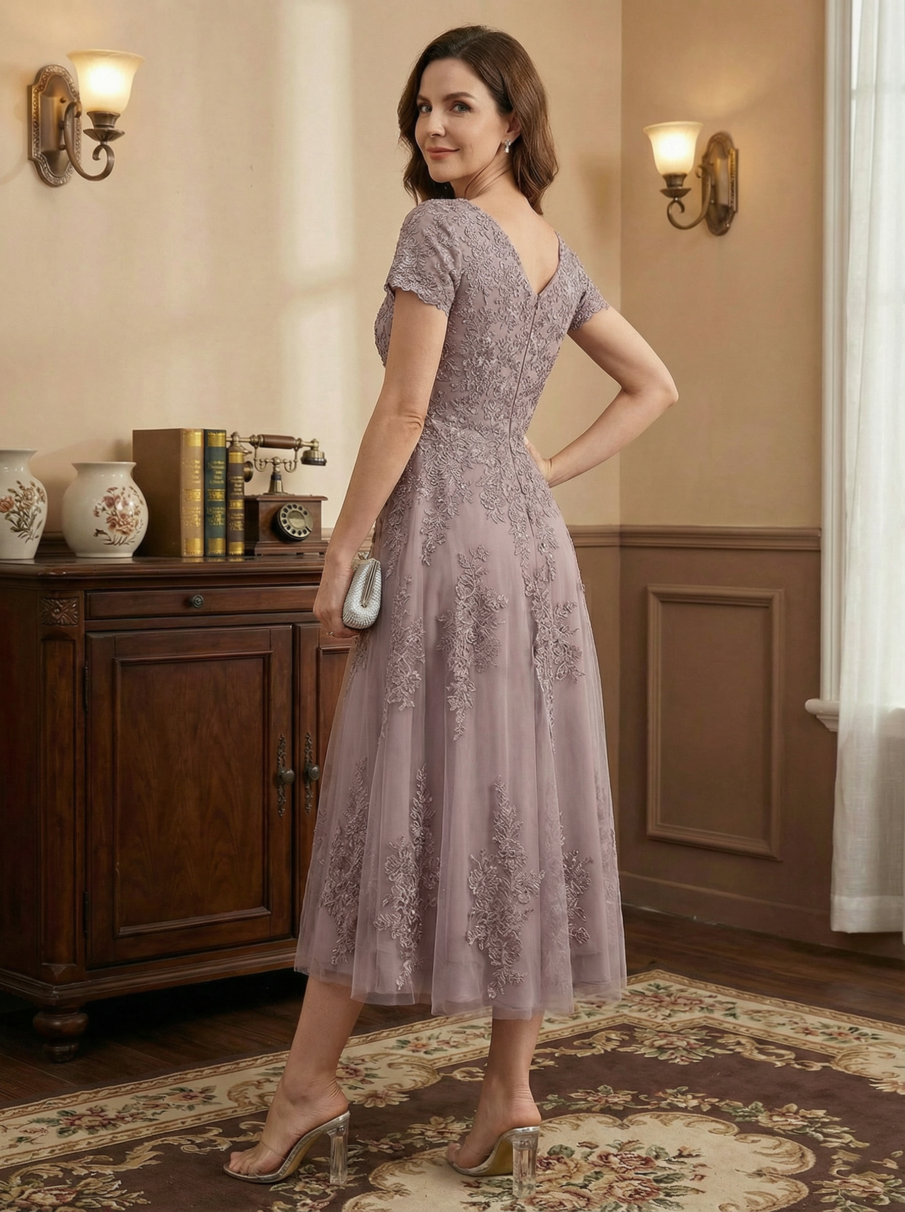 A-line Scoop Tea-Length Tulle Lace Mother of the Bride Dress