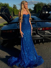 Light Blue Mermaid Spaghetti Straps Long Prom Dress with Beading