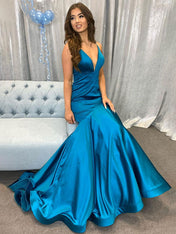 Peacock Blue Mermaid V-Neck Spaghetti Straps Satin Long Prom Dress