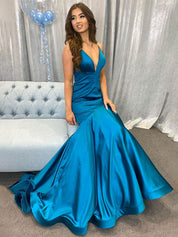 Peacock Blue Mermaid V-Neck Spaghetti Straps Satin Long Prom Dress