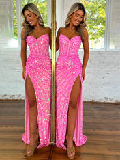 Sweetheart Mermaid Sequins Long Prom Dress with Slit