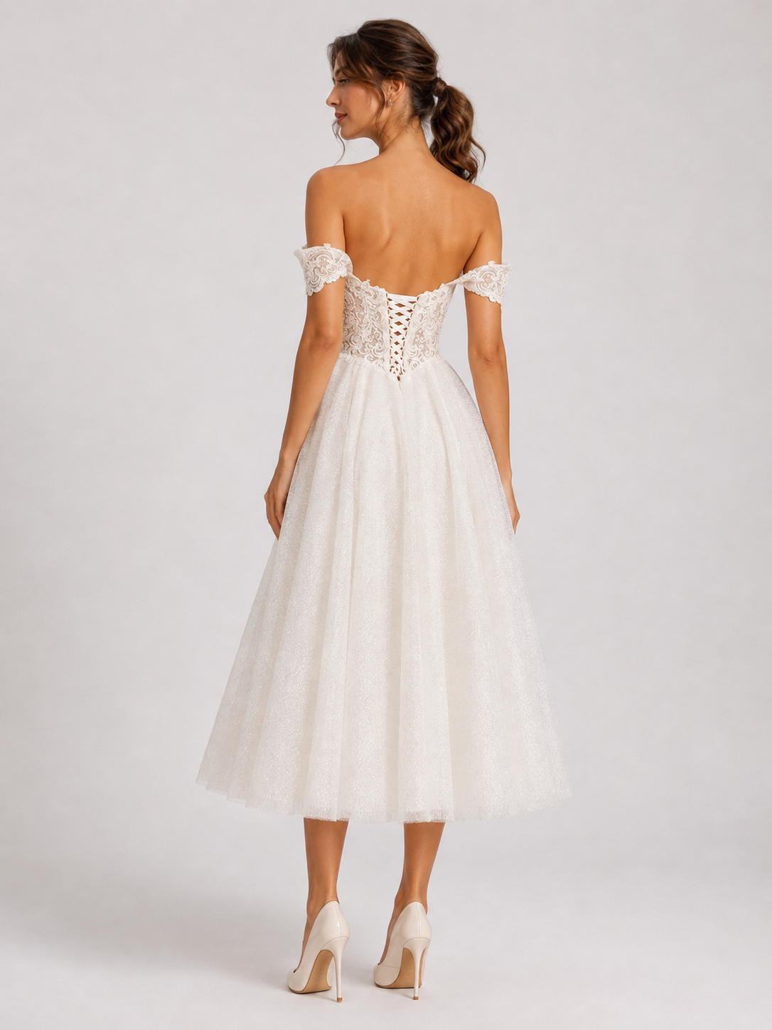 Elegant Off-the-Shelf Lace Bodice Glitter Tulle Midi Wedding Dress with Lace-Up Back