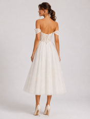 Elegant Off-the-Shelf Lace Bodice Glitter Tulle Midi Wedding Dress with Lace-Up Back