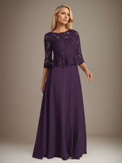 Plum A Line Chiffon Boat neck 3/4 Sleeves Floor Length Dress With Appliques