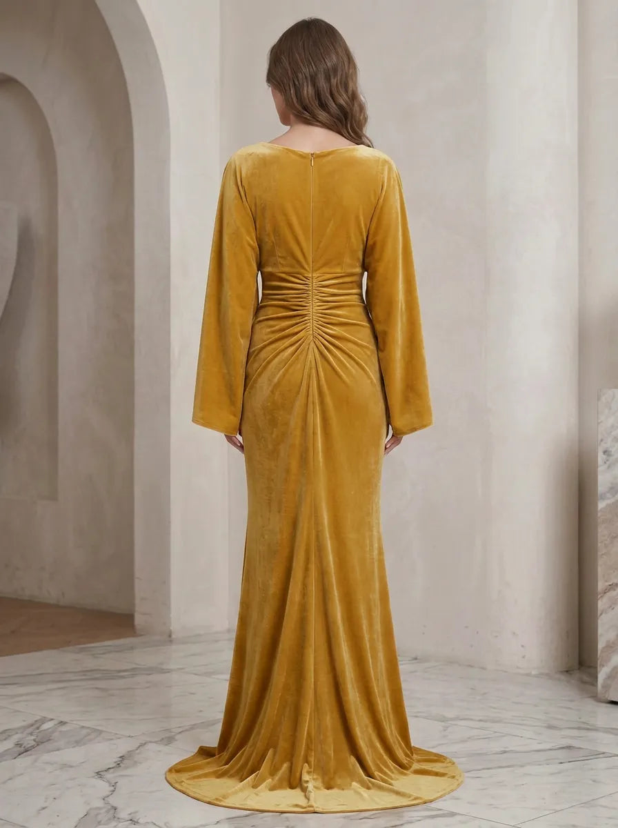 Mustard Yellow V-Neck Velvet Long-Sleeve Evening Dress with Front Slit