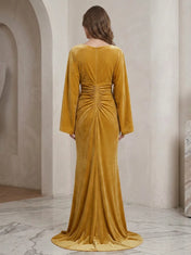 Mustard Yellow V-Neck Velvet Long-Sleeve Evening Dress with Front Slit