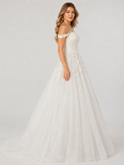Elegant Off-the-Shoulder Lace Applique Tulle A-Line Wedding Dress with Corset Back and Chapel Train