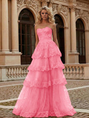 Red Tiered Tulle Strapless Lace Bodice A-Line Long Prom Dress