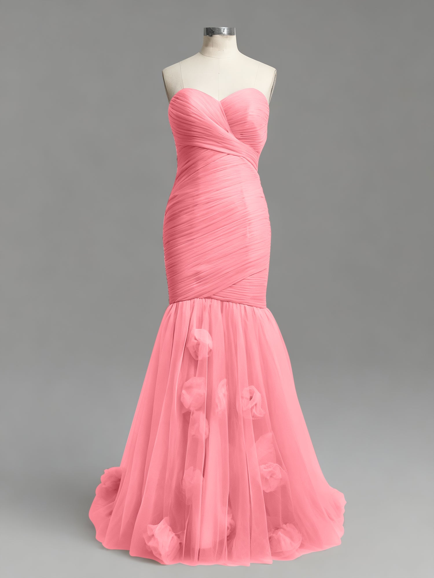 Dusty Rose Mermaid Strapless Ruched Tulle Prom Dress with 3D Floral