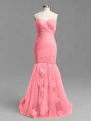 Dusty Rose Mermaid Strapless Ruched Tulle Prom Dress with 3D Floral