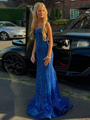 Light Blue Mermaid Spaghetti Straps Long Prom Dress with Beading