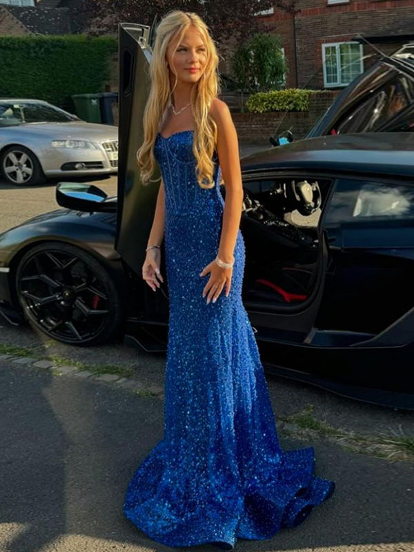 Light Blue Mermaid Spaghetti Straps Long Prom Dress with Beading
