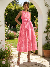 Pink 3D Floral Bow Crew Neck A-Line Midi Dress