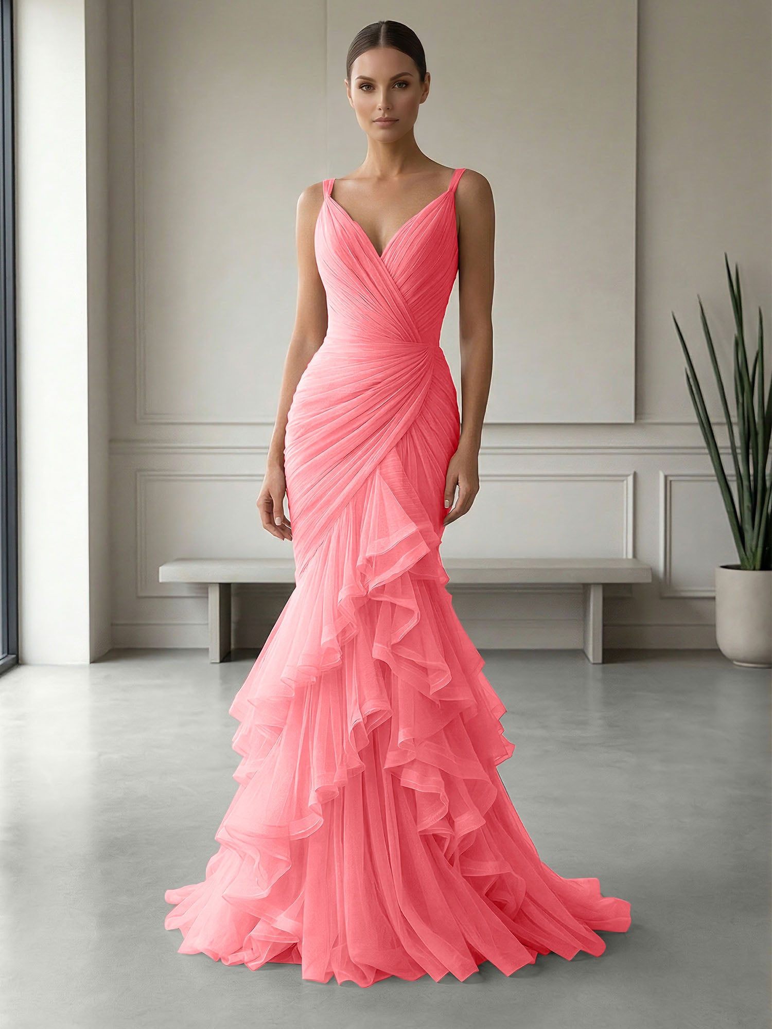Mauve Folds Tulle Strapless Sleeveless Mermaid Gown Dress