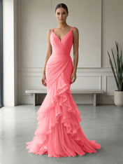 Mauve Folds Tulle Strapless Sleeveless Mermaid Gown Dress