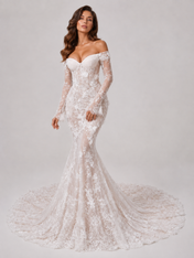 Elegant Off-the-Shoulder Long-Sleeve Lace Applique Mermaid Wedding Dress with Chapel Train