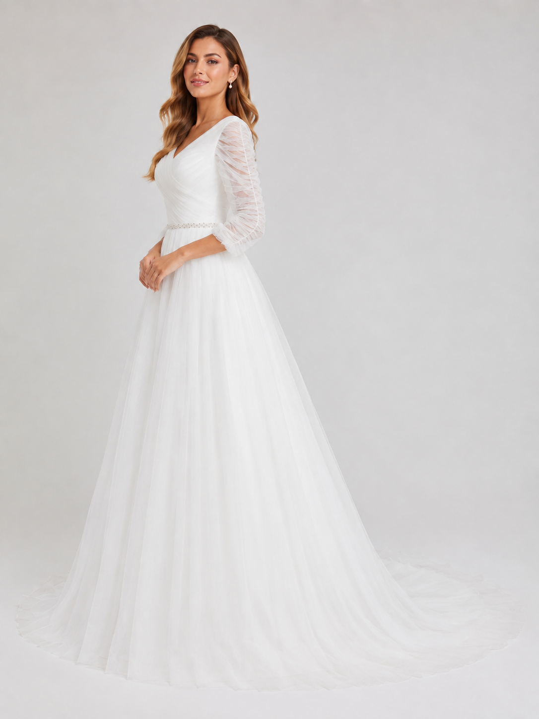 Elegant  3/4-Sleeve Ruched Tulle A-Line Wedding Dress with Chapel Train