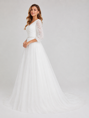 Elegant  3/4-Sleeve Ruched Tulle A-Line Wedding Dress with Chapel Train
