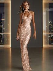 Glamorous Gold Sequin Halter Neck Mermaid Long Prom Dress