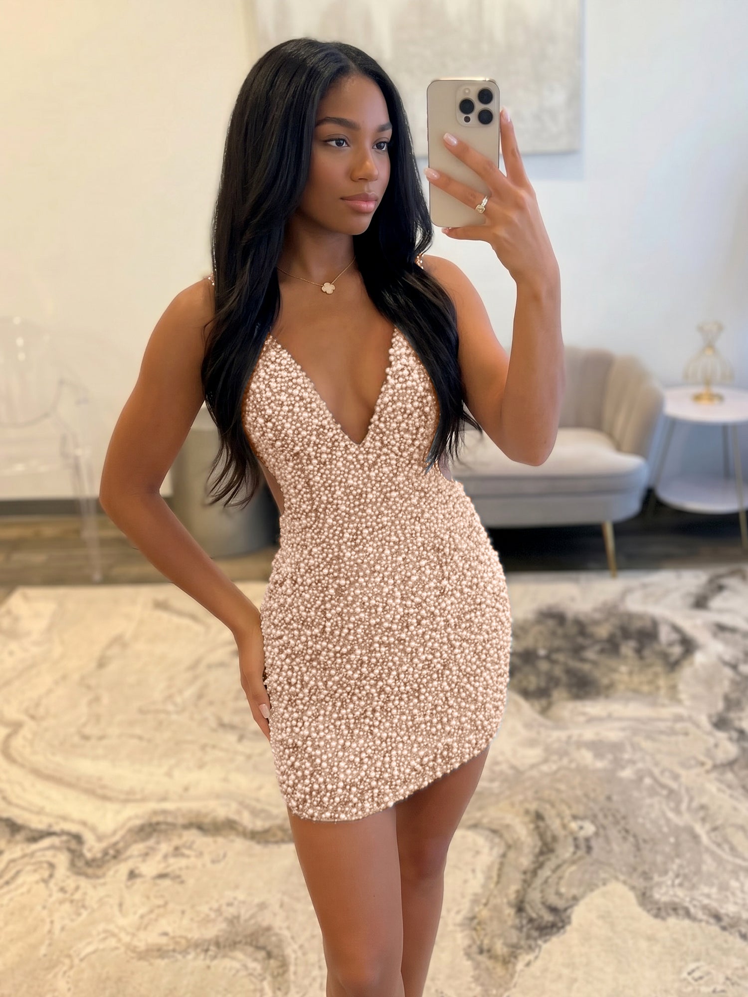 White V Neck Pearl Embellished Short Homecoming Dresses