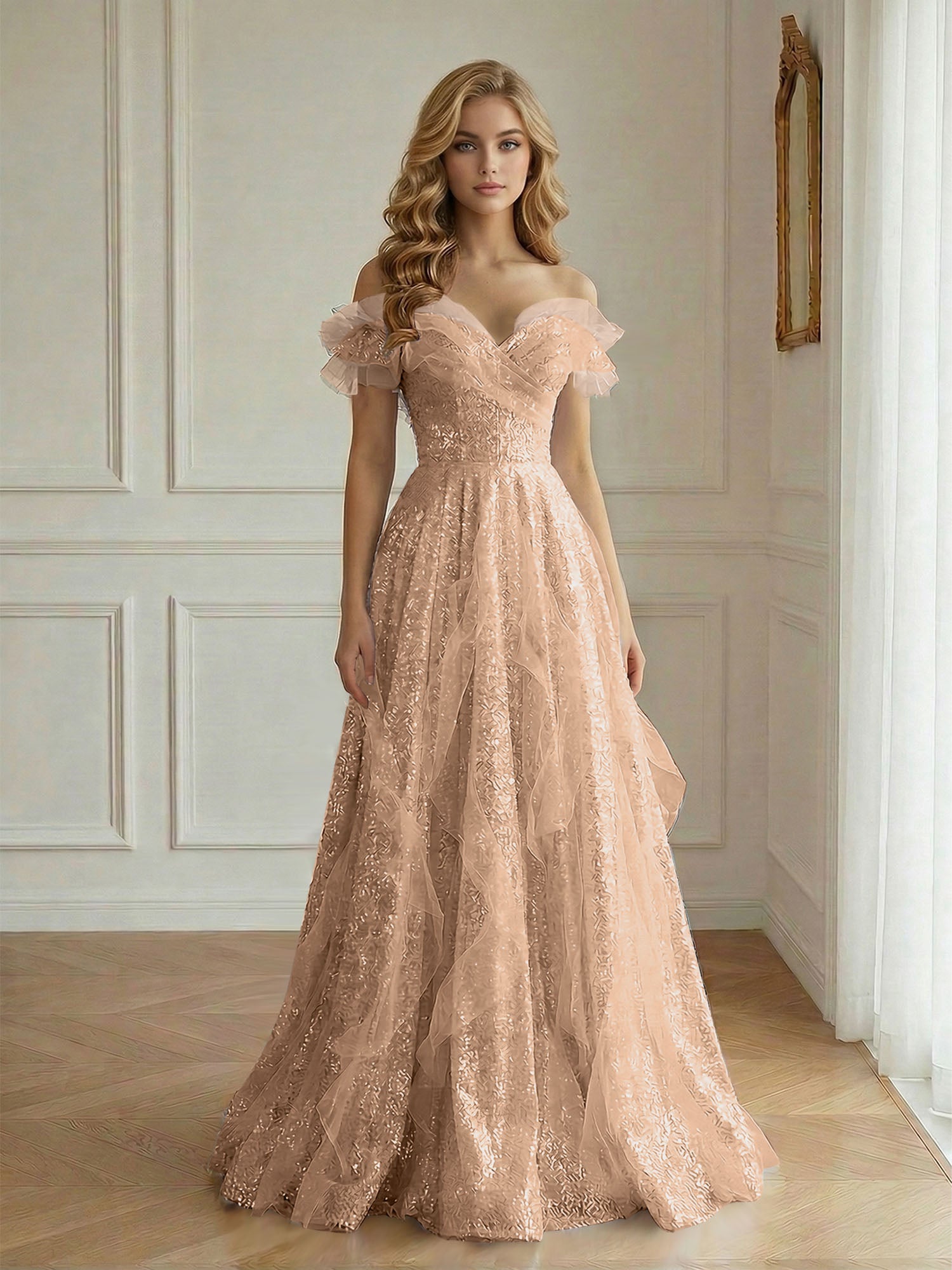 Off-the-Shoulder Sequin Tulle A-Line Gown with Ruffle Accents Prom Dress