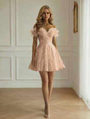 Off-the-Shoulder Lace-Up Back Iridescent Tulle Party Dress Homecoming Dress