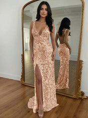 Gold Sequin V-Neck Open Back Mermaid Prom Dress with High Slit