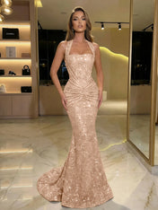Gold Sequin Halter Mermaid Prom Dress with Ruched Waist