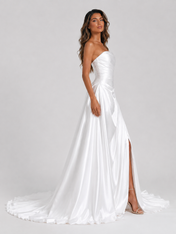 Elegant Strapless Ruched Satin A-Line Wedding Dress with High Slit and Chapel Train