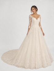 Elegant Three-Quarter-Sleeve Lace Applique Tulle A-Line Wedding Dress with Chapel Train
