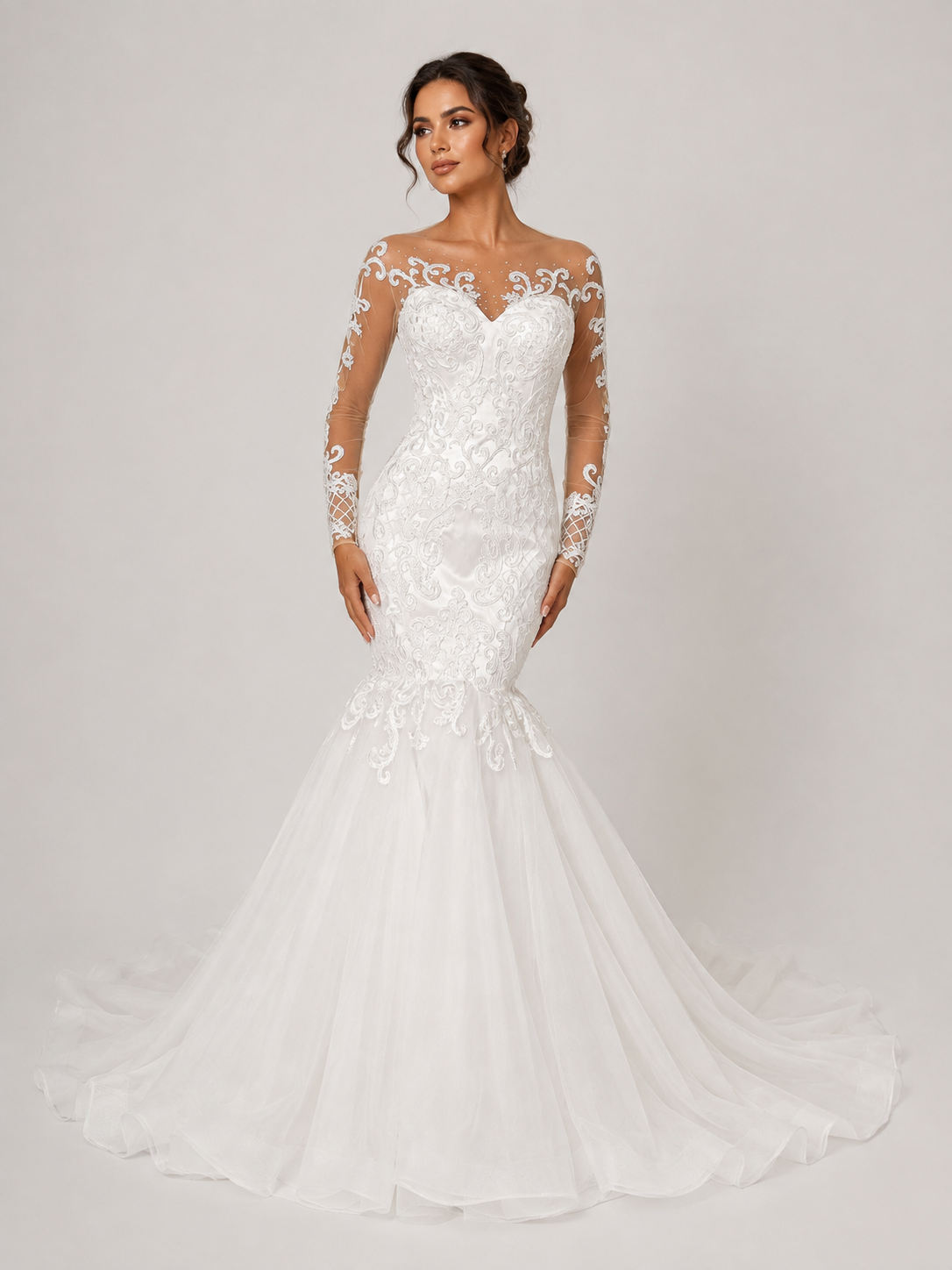 Elegant Long-Sleeve Illusion Lace Mermaid Wedding Dress with Chapel Train
