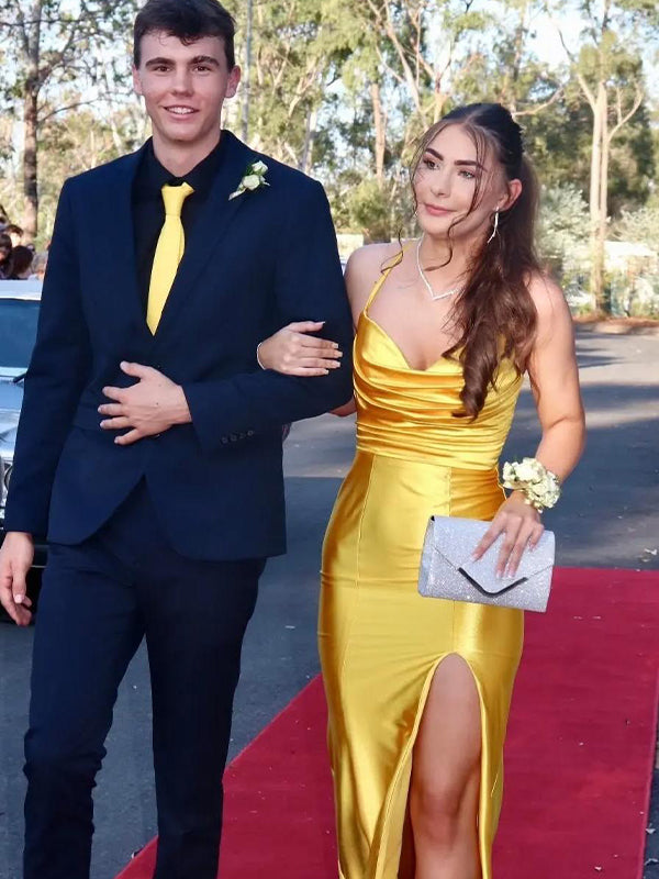 Sage Green Mermaid Cowl Neck Satin Fitted Prom Formal Dress with Slit
