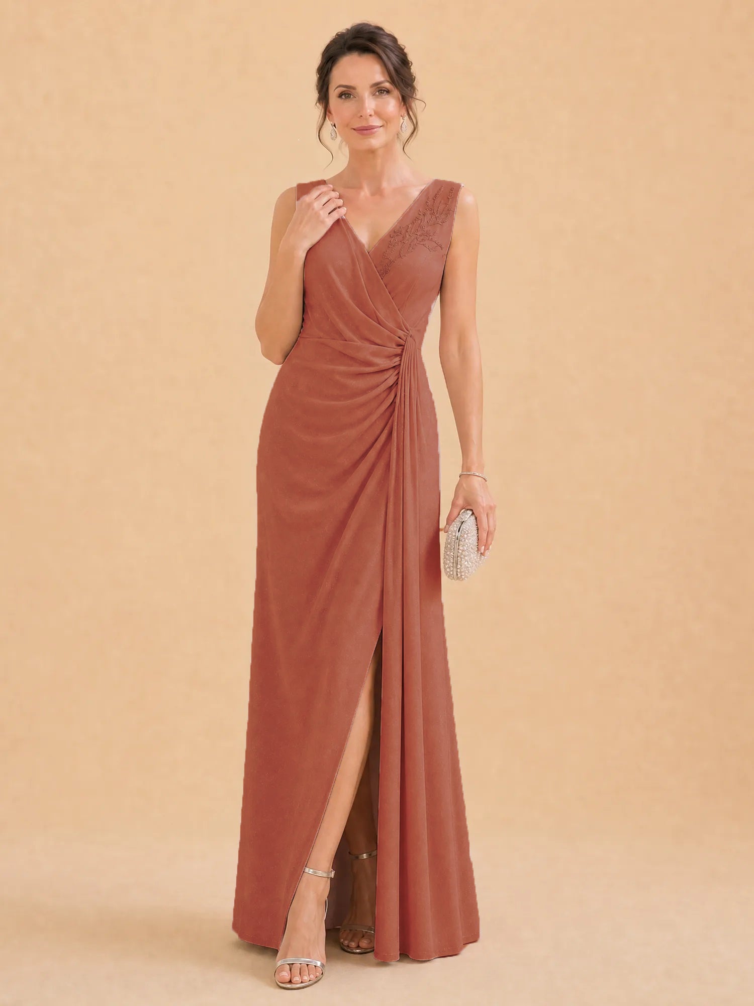 V-Neck Faux-Wrap Evening Gown with Side Draping Mother of The Bride Dresses