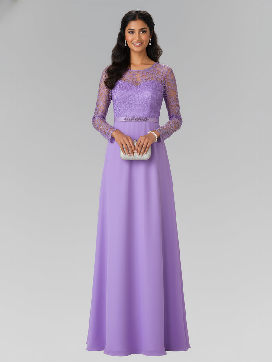 Elegant A-Line Long Lace Sleeves Gown with Beaded Waist