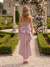 Architectural Blush Pink Strapless High-Low Satin Homecoming Mini Dress