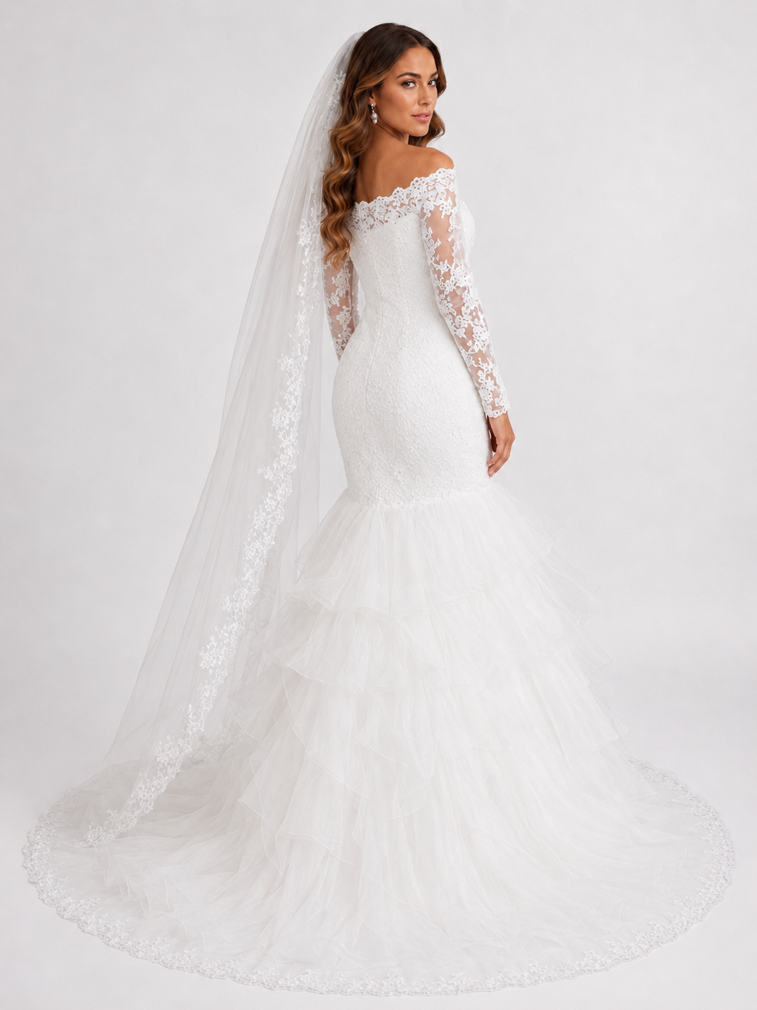 Elegant Off-the-Shoulder Lace Long-Sleeve Mermaid Wedding Dress with Ruffled Tiered Skirt and Chapel Train