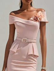Pink 3D Floral V Neck Short Sleeve Sheath Midi Dress