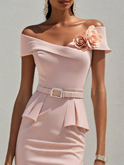 Pink 3D Floral V Neck Short Sleeve Sheath Midi Dress
