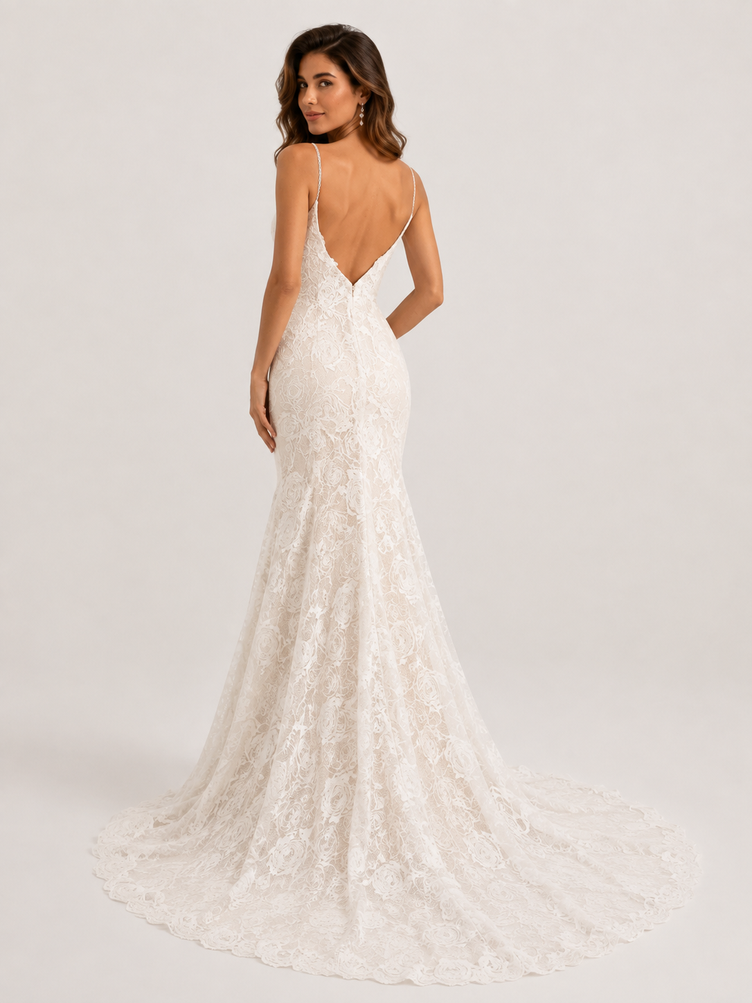 Elegant Spaghetti Strap Floral Lace Sheath Wedding Dress with Sweep Train