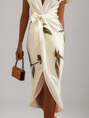 White Leaf Short Sleeve Satin Wrap Sheath Midi Dress