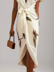 White Leaf Short Sleeve Satin Wrap Sheath Midi Dress