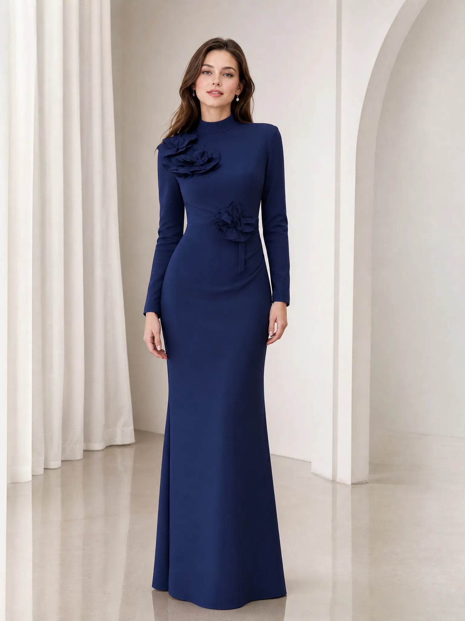 Elegant Navy Blue Long-Sleeve Mermaid Evening Dress with High Neck and Floral Appliques