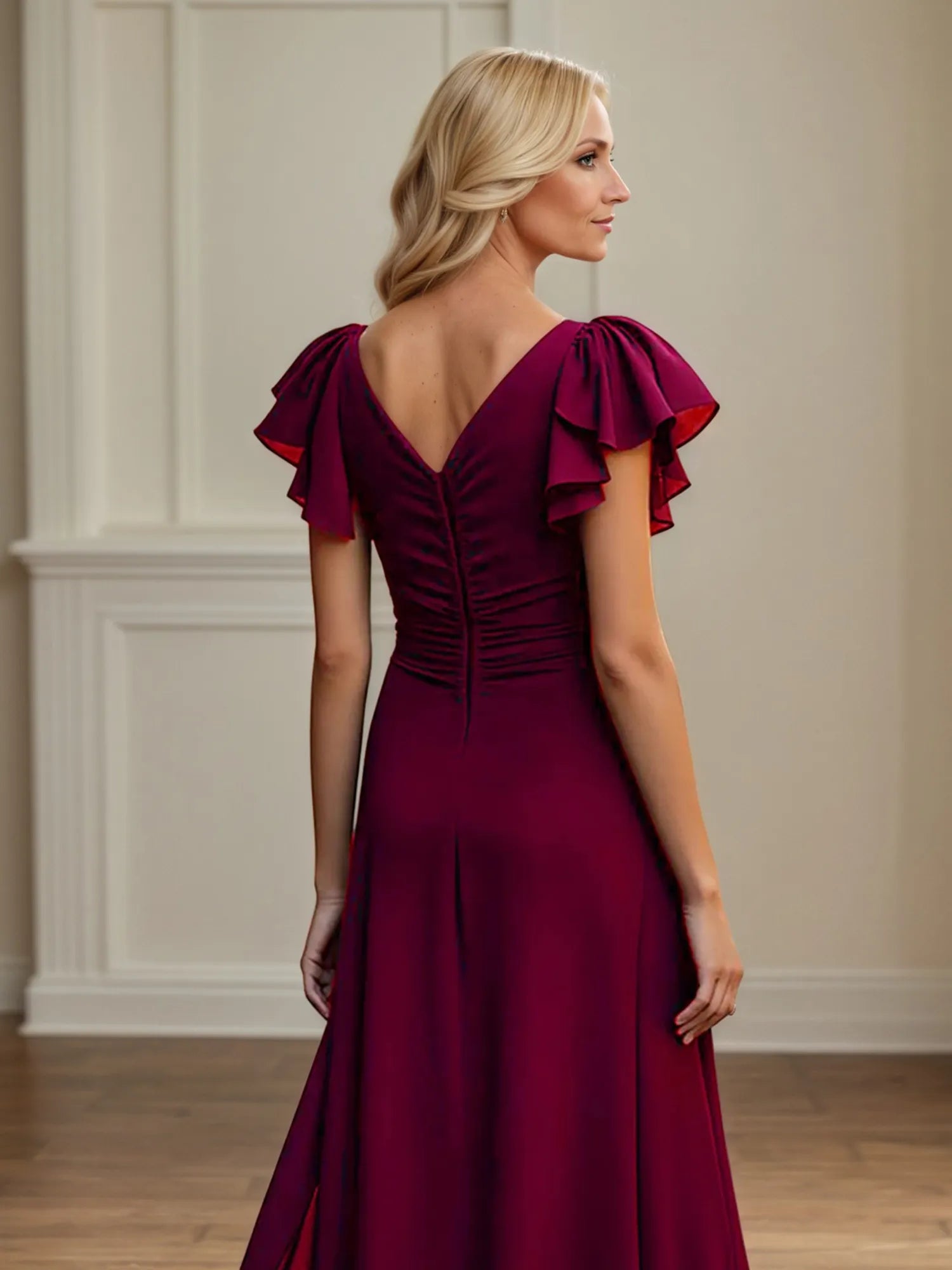 V Neck Ruched Chiffon A Line Mother of the Bride Dress